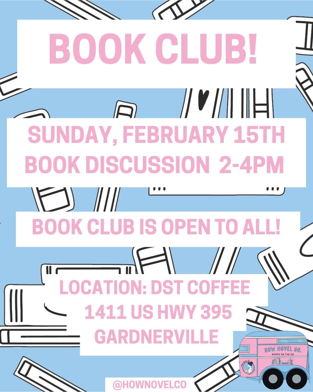 Feb 15 book club poster at DST Coffee