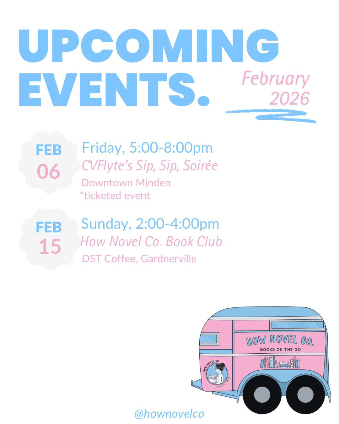 February events flyer featuring pink bookmobile